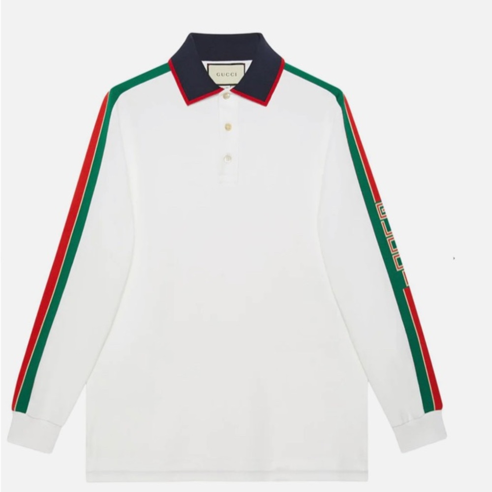 Gucci Web-stripe Detail Long Sleeve Polo in White Sz XL